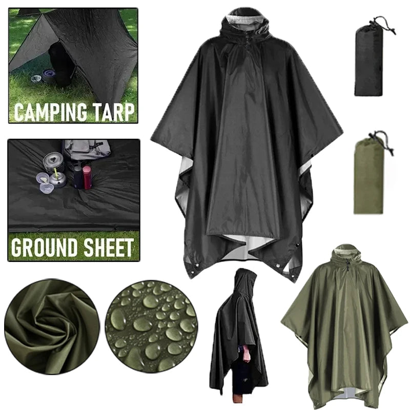 3-in-1 Military Rain Poncho – Waterproof Camping & Hiking Rain Poncho Qst
