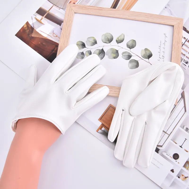 Women's Half Palm PU Leather Gloves – Dance & Party Fashion Dance Gloves Qst White