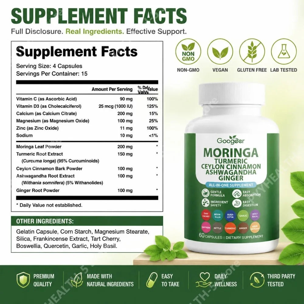Googeer Moringa Turmeric Capsules w/ Ashwagandha & Ginger 60ct Herbal Supplement Qst