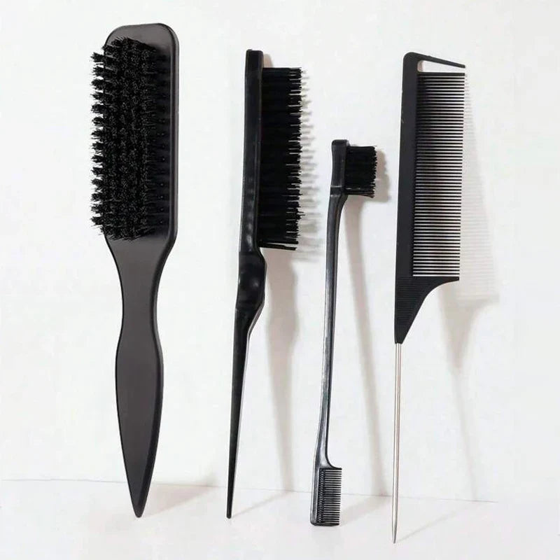 Boar Bristle Hair Brush – Sleek Ponytail, Bun & Slick Back Boar Bristle Hair Brush Qme 4PCS Black Set