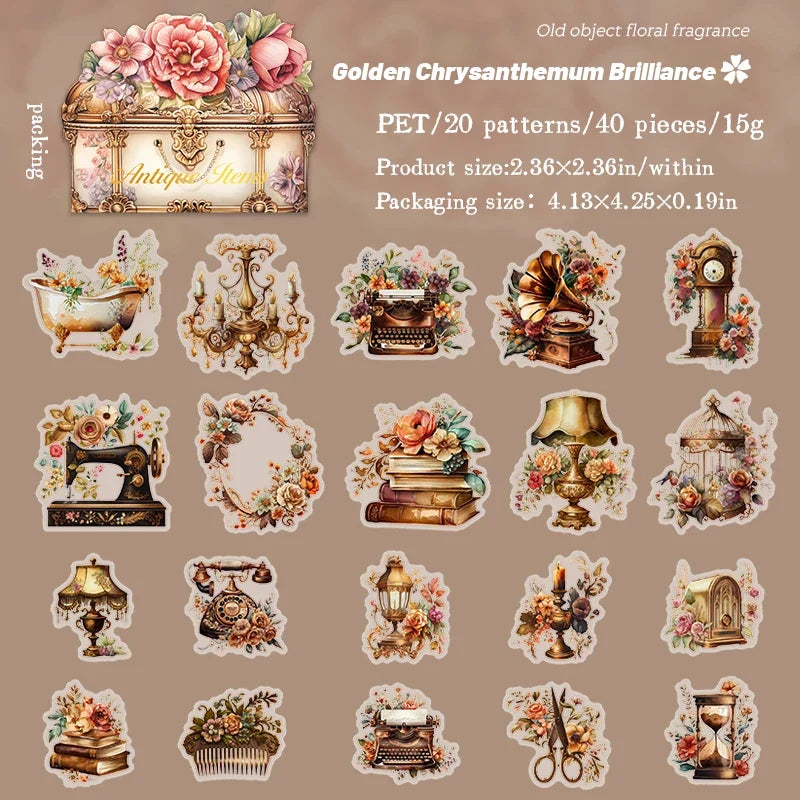 Vintage Transparent PET Stickers – Floral & Retro 40 Pack Decorative Stickers Qme B