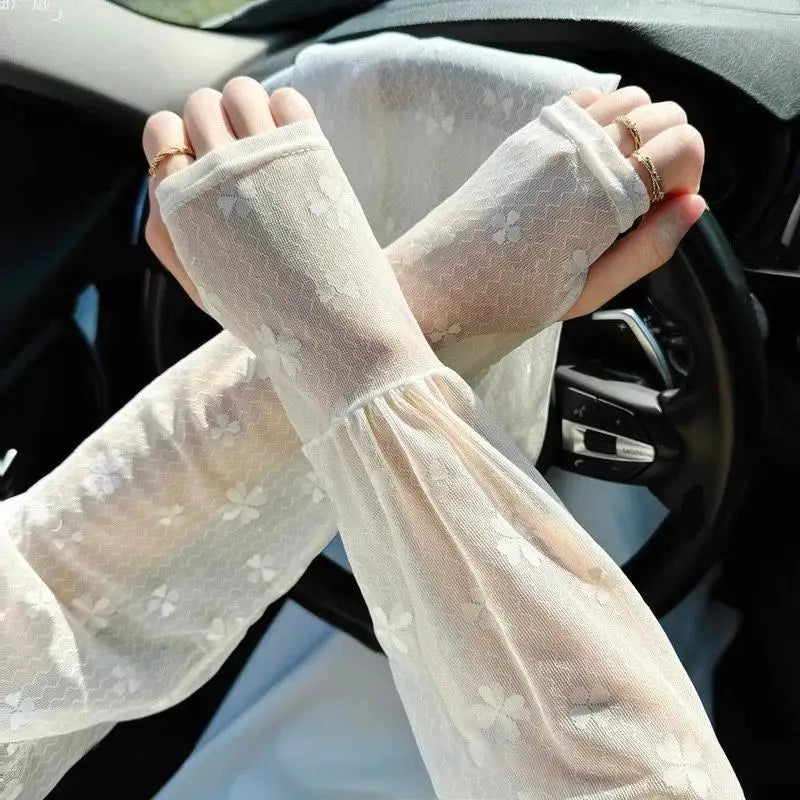 Women's UPF 50+ Fingerless Sun Sleeves – Lace Mesh Arm Gloves Sun Protection Sleeves Qst Beige