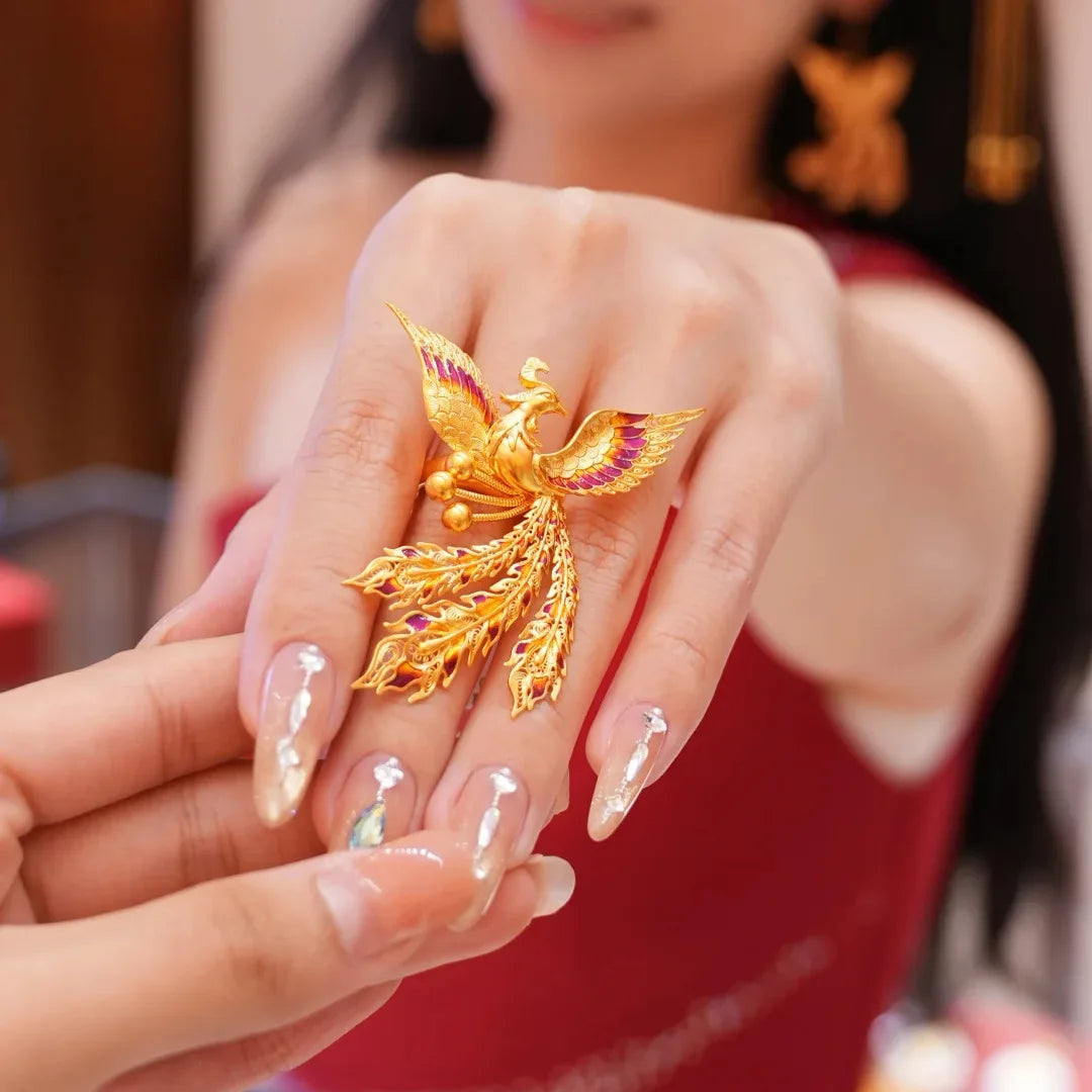 Retro Sand Gold Phoenix Enamel Statement Ring | Palace Style Statement Ring Qme Pink Gold-color