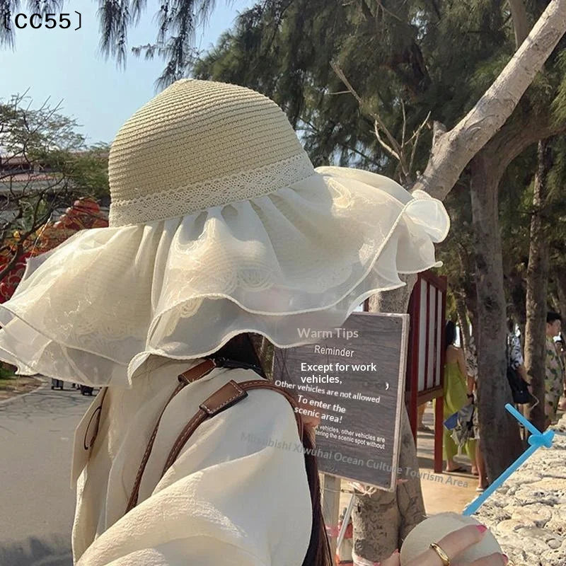 Women's Wide Brim Lace Bow Straw Sun Hat – Beach & Vacation Wide Brim Sun Hat Qst