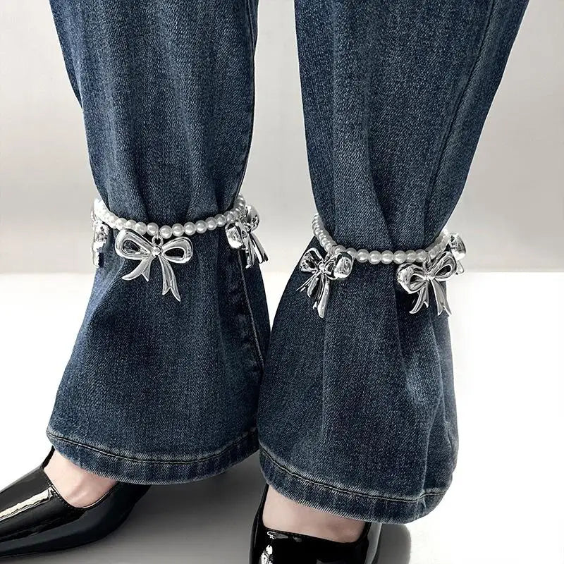 Heart Bow Charm Anklet – Pearl Beaded Trouser Chain Charm Anklet Qme