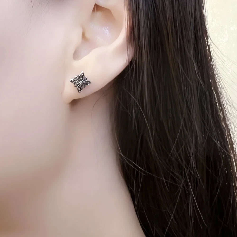 Marcasite Black Star Stud Earrings | 925 Sterling Silver Stud Earrings Qme