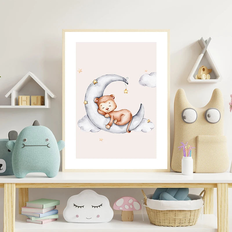 Cartoon Animals Moon Stars Canvas Wall Art Poster | Home Decor Canvas Wall Art Qst