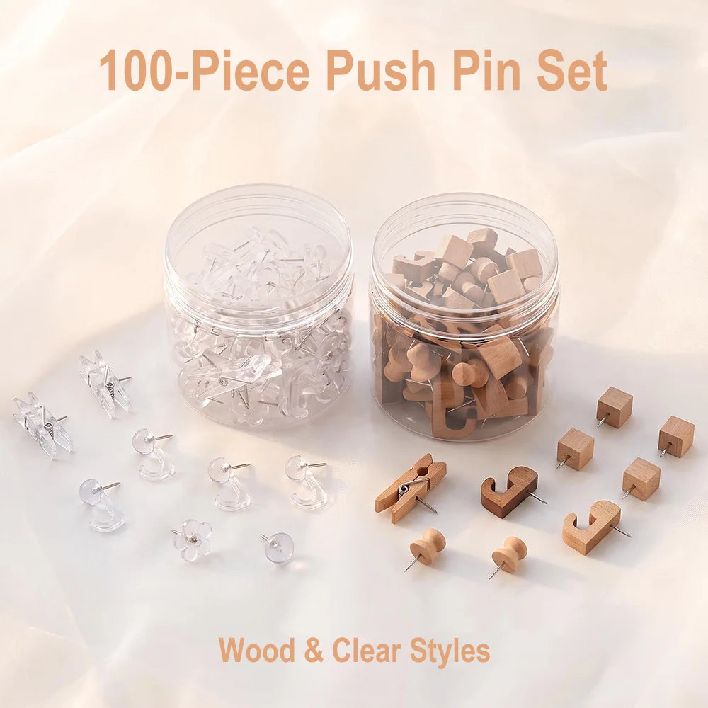 100Pcs Decorative Push Pin Clips – Wood & Transparent Plastic Decorative Push Pins Qst