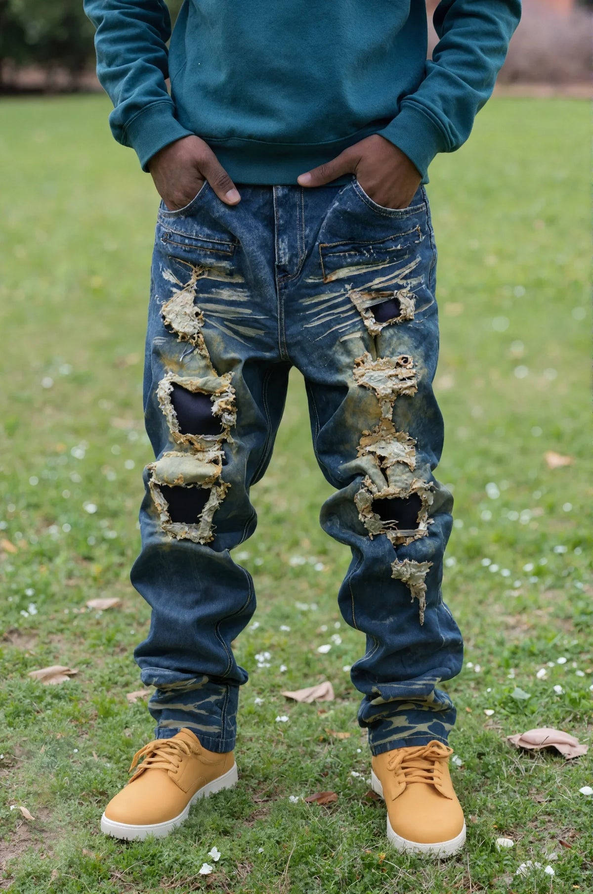 Men's Plus-Size Ripped Jeans Gradient Wash Extra Loose Fit Loose Fit Jeans Qme