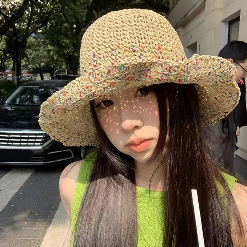Handwoven Rainbow Straw Hat – Women's Wide Brim Beach Cap Wide Brim Sun Hat Qst one size A