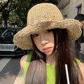 Handwoven Rainbow Straw Hat – Women's Wide Brim Beach Cap Wide Brim Sun Hat Qst one size A