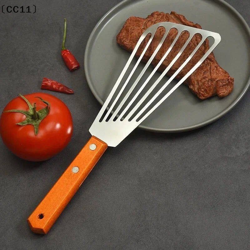 Stainless Steel Fish Spatula – Fan-Shaped Wooden Handle Cooking Spatula Qme
