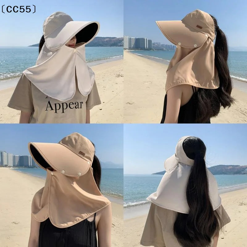Women's Wide-Brim Sun Hat Detachable Shawl Anti-UV Visor Cap Sun Visor Hat Qst