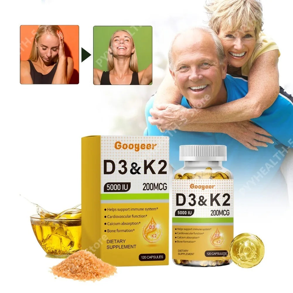 Vitamin D3 5000 IU + K2 200 mcg Capsules – 120 CT | Daily Wellness Vitamin Supplement Qst