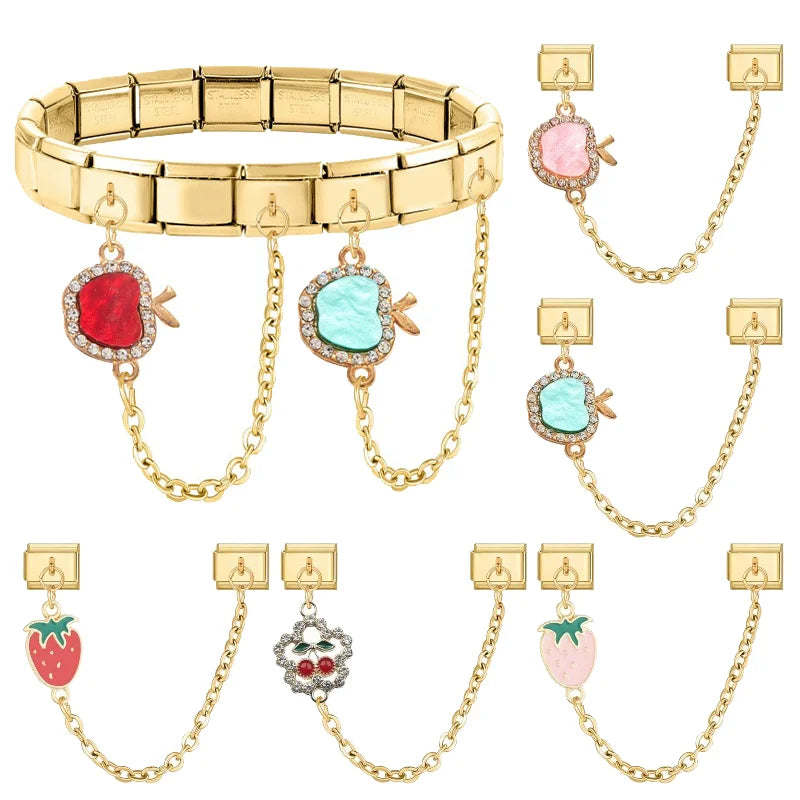 Zircon Fruit Italian Charm – Apple Strawberry Cherry, 9mm Italian Charm Link Qme