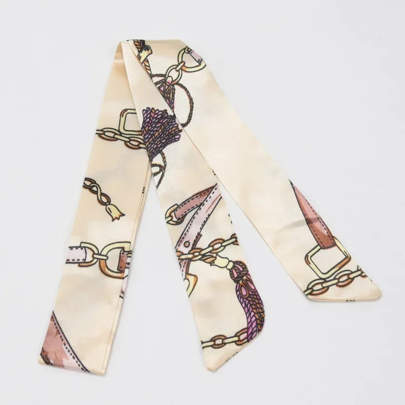 Women's Skinny Ribbon Scarf – Printed Polyester Hair Tie Ribbon Hair Scarf Qme A-38