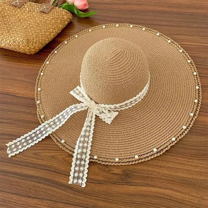 Women's Oversized Straw Beach Hat – Wide Brim Bow Sun Hat Straw Sun Hat Qst A6