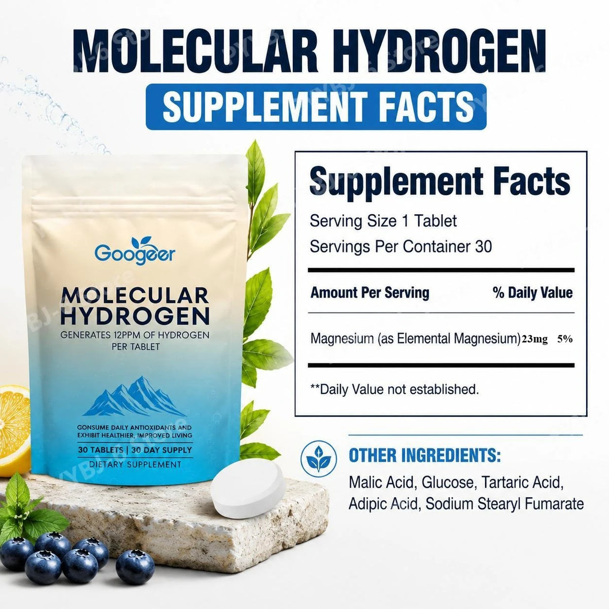 Googeer Molecular Hydrogen Tablets 30ct – Magnesium Antioxidant Hydrogen Supplement Tablet Qst