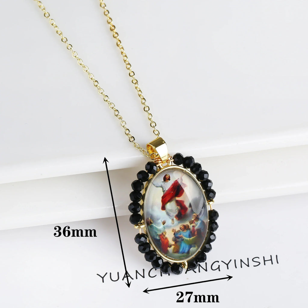 Christian Catholic Oval Pavé Image Pendant – 15 Metal Colors Religious Pendant Qme