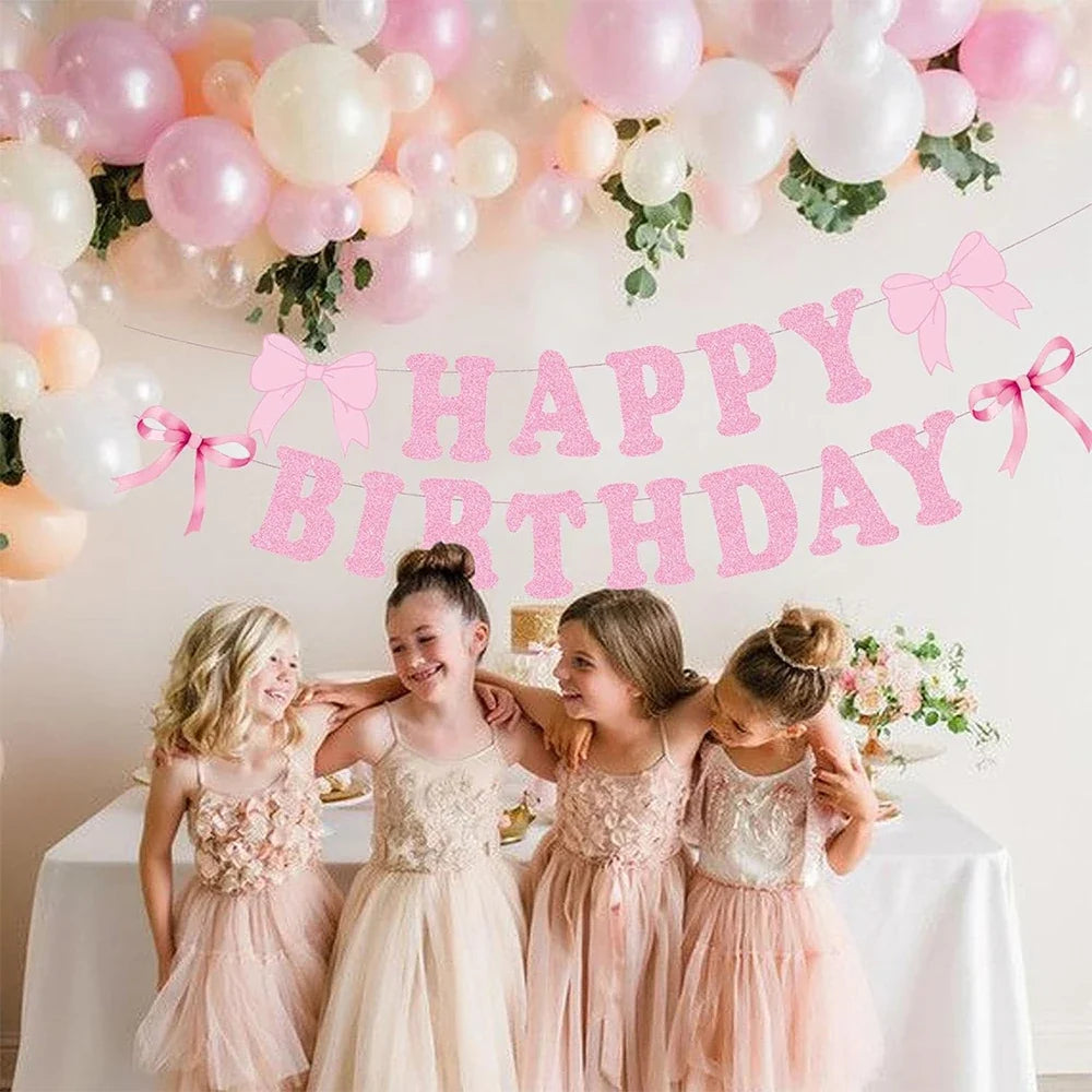 Bow Happy Birthday Banner & Flag Party Decoration Set Birthday Party Banner Qme