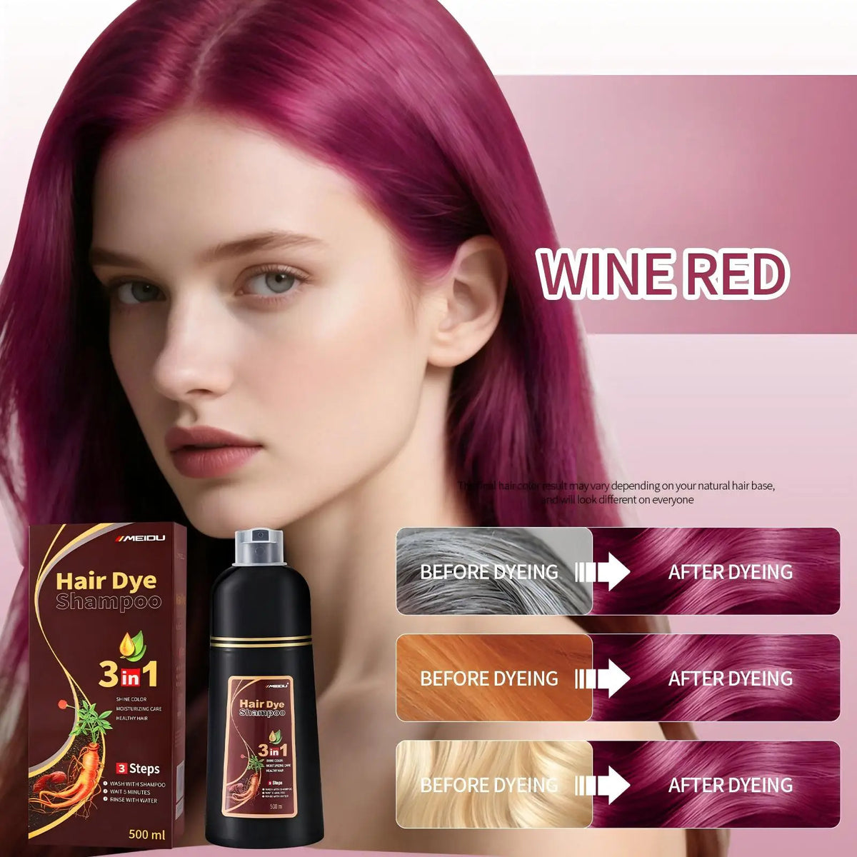 Meidu 3-in-1 Hair Dye Shampoo – Natural Color Men & Women Hair Dye Shampoo Qst Wine Red