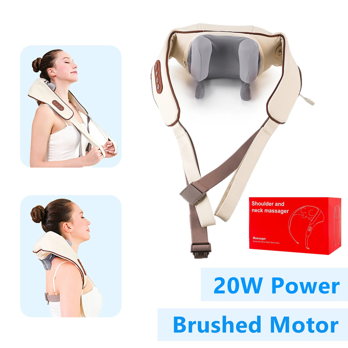 Foreverlily 26W Brushless Wireless Neck & Shoulder Massager Shawl Neck Shoulder Massager Qst 20W-Brown