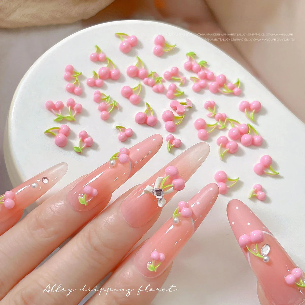 3D Resin Pink Cherry Nail Charms – Fruit Nail Art, 50pcs Nail Art Charms Qme