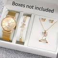 6-Piece Women's Heart Analog Watch & Butterfly Jewelry Set Fashion Watch Set Qme Rose