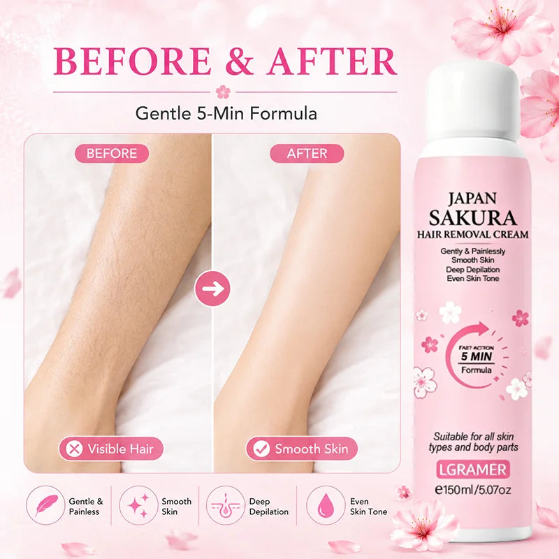 LGRAMER Sakura Hair Removal Cream 150ml – Gentle Depilatory Mousse Hair Removal Cream Qst