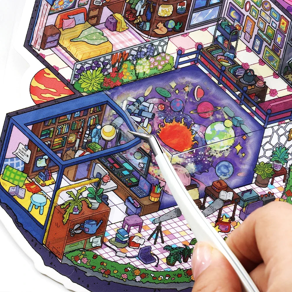 Fantasy House Miniature Scene Stickers – 3 Sheets, 5 Colors Decorative Craft Stickers Qme