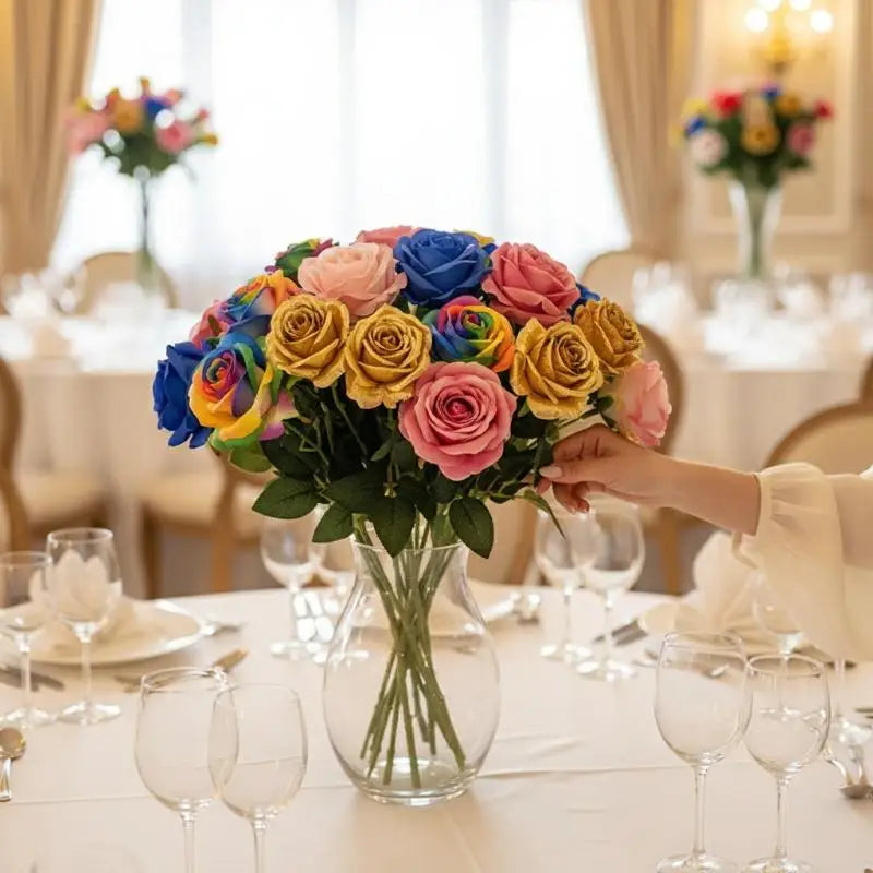 Colorful Realistic Touch Artificial Rainbow Roses | 7 Colors Artificial Flowers Qme
