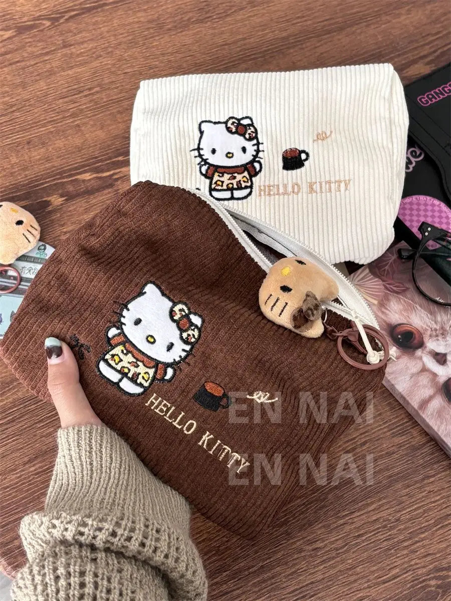 Hello Kitty Embroidered Corduroy Makeup Bag – Large Capacity Cosmetic Makeup Bag Qme