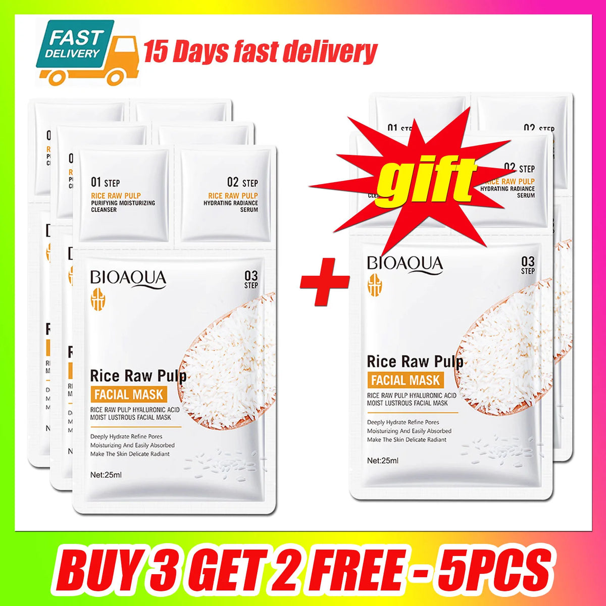 White Rice Face Mask Set – Brightening & Moisturizing Face Mask Set Qst 5pcs