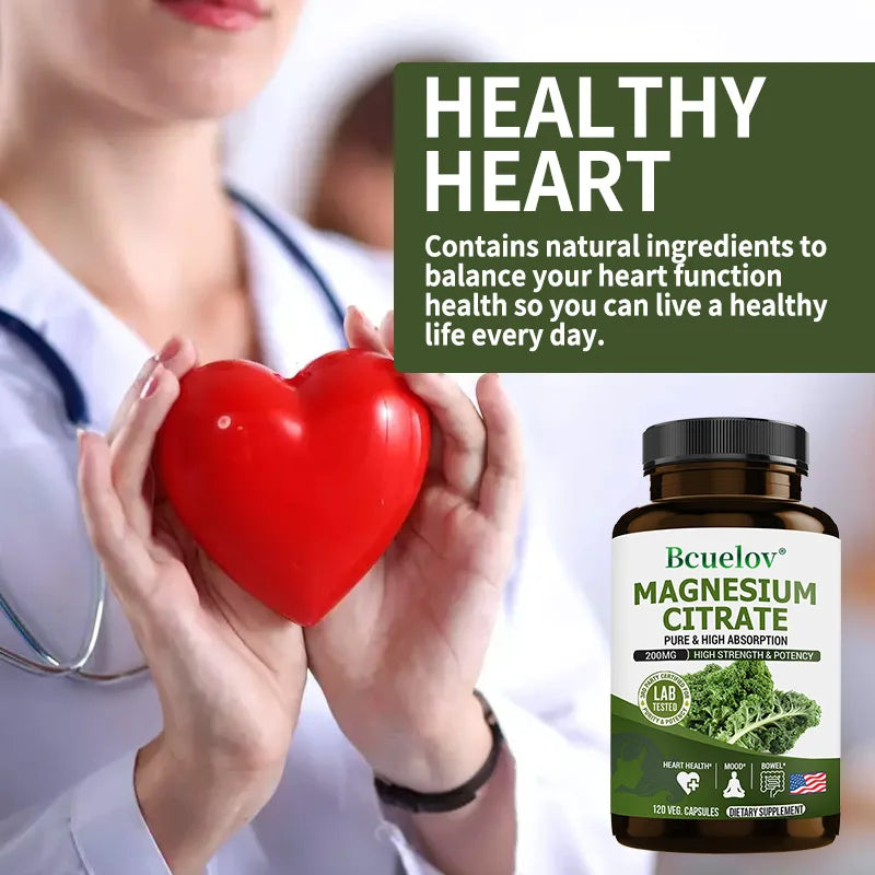 Bcuelov Magnesium Citrate 120 Caps – Non-GMO, Easy Absorption Mineral Supplement Qst