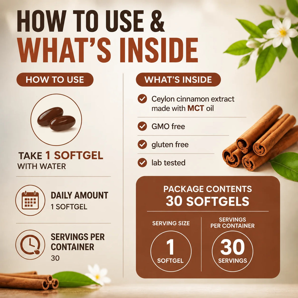 Ceylon Cinnamon Extract Softgels 7200mg + MCT Oil – 30 Count Herbal Supplement Qst