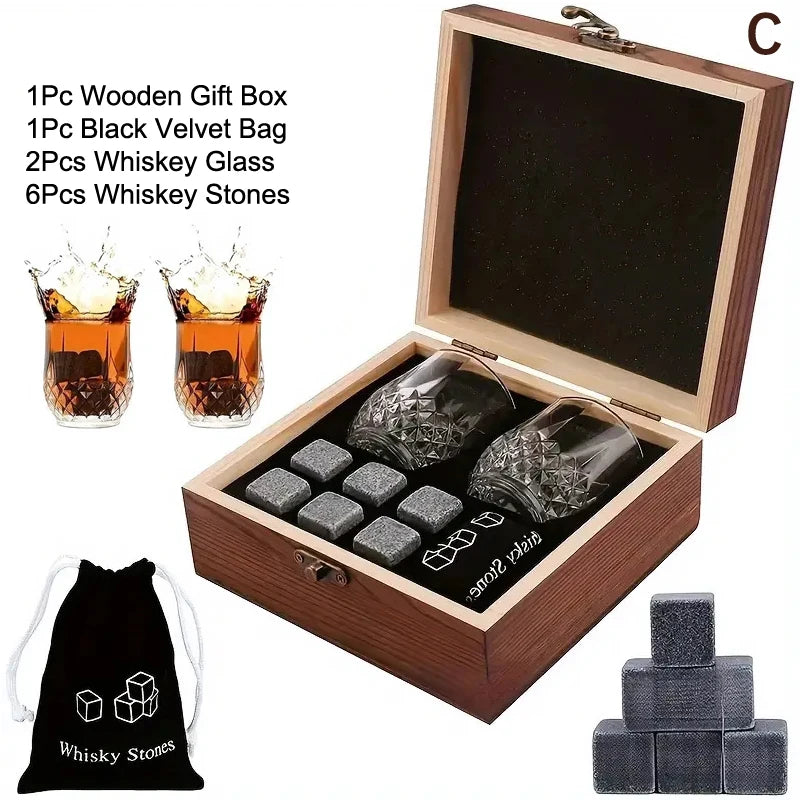 Whiskey Stones Gift Set – Granite Ice Cubes, Glasses & Wood Box Whiskey Stones Set Qst C