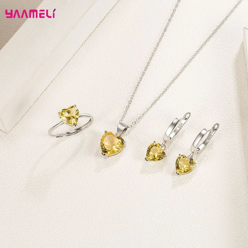925 Sterling Silver Heart Jewelry Set – Necklace, Earrings & Ring Silver Jewelry Set Qme
