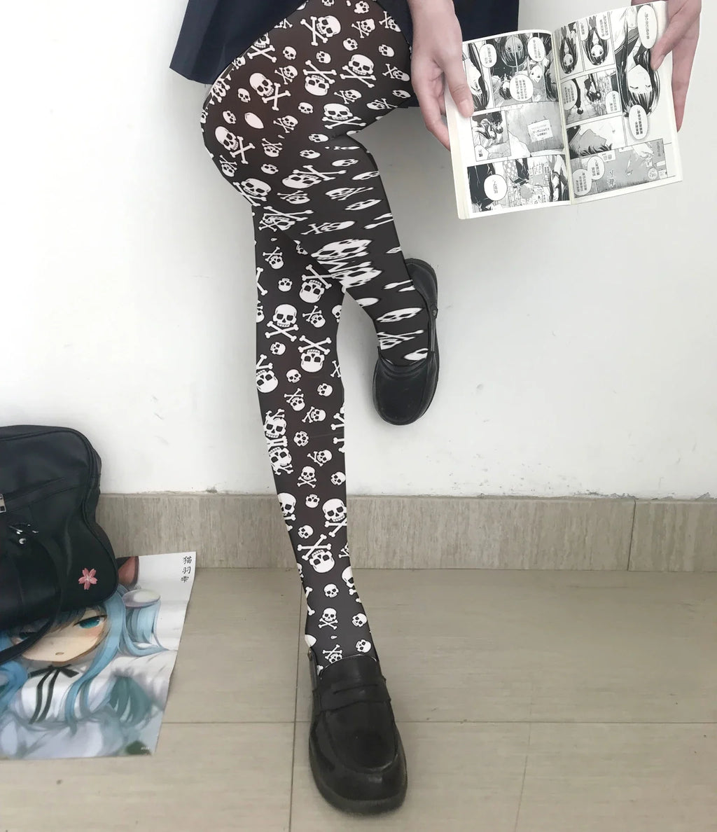 Skull Print Women's Long Stockings | Novelty Hosiery Novelty Print Stockings Qme