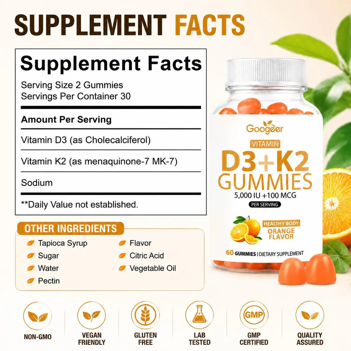 Googeer Vitamin D3 + K2 MK-7 Gummies – Orange, 60ct Vitamin Supplement Gummies Qst