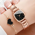 Rose Gold Square Quartz Watch & Heart Bracelet Set | Elegant Watch Bracelet Set Qme Bronze