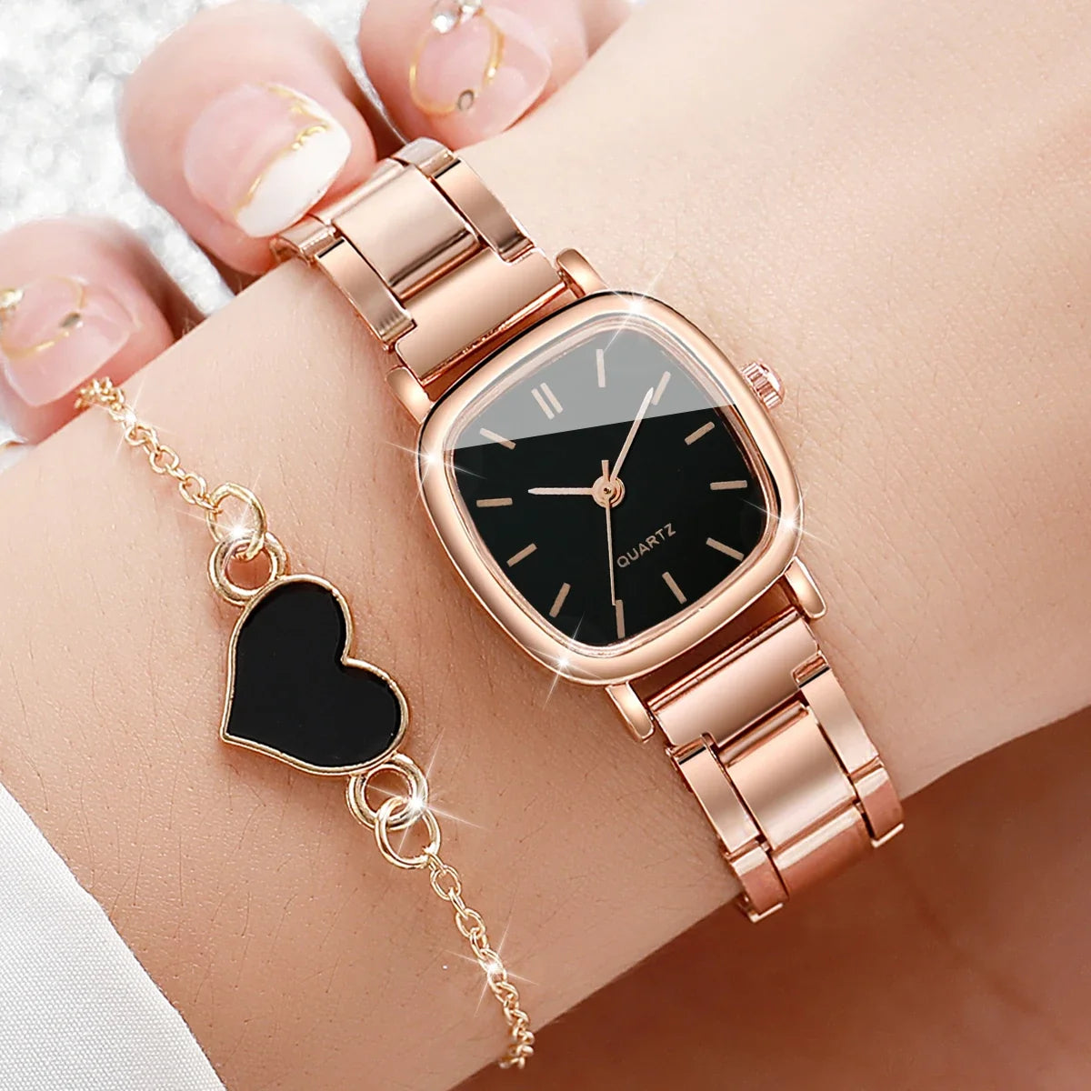 Rose Gold Square Quartz Watch & Heart Bracelet Set | Elegant Watch Bracelet Set Qme Bronze