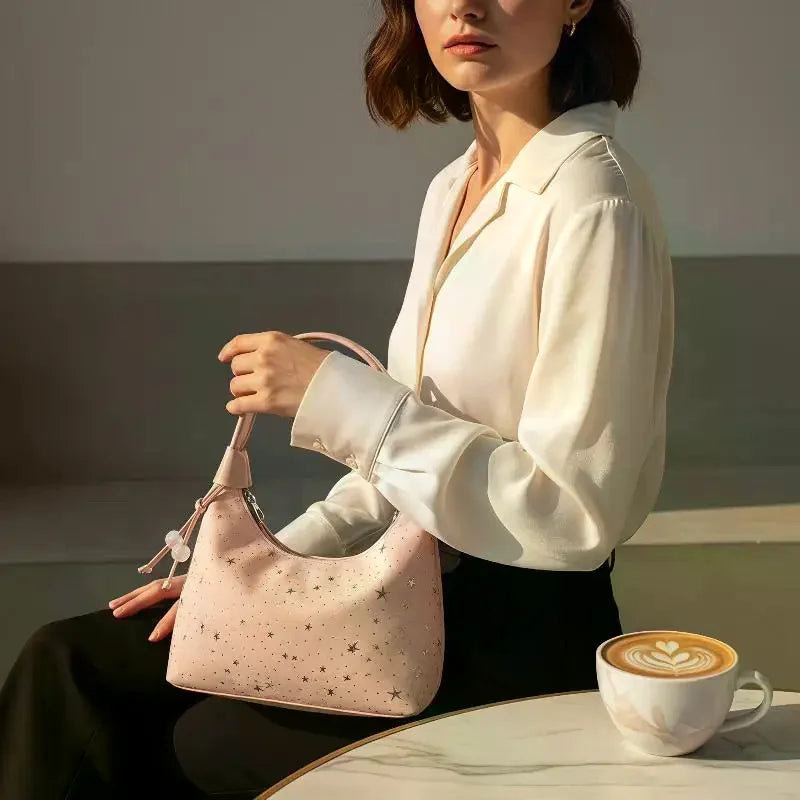 Sweet Sparkling Stars Nylon Shoulder Bag with Pearl Pendant Crossbody Shoulder Bag Qme