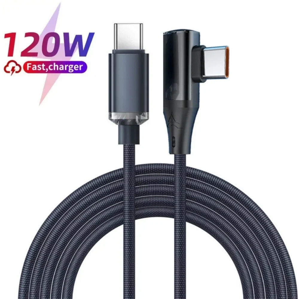 120W 90° Elbow USB-C Fast Charging Cable | Braided PD Wire USB-C Charging Cable Qme