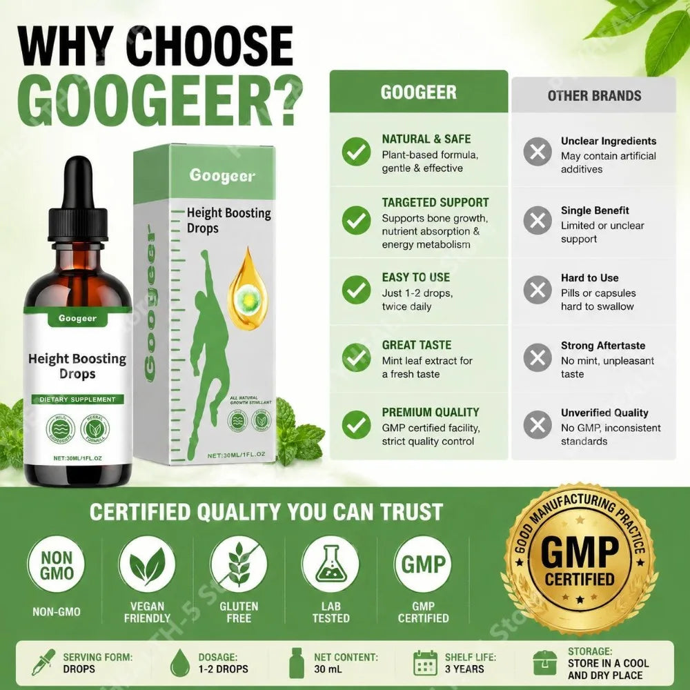 Googeer Height Drops – Vitamin B1, Gluconolactone & Mint 30ml Liquid Vitamin Drops Qst