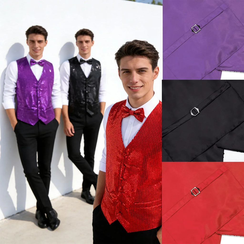 Slim Fit Sequin Vest & Bow Tie Combo | Green Purple Fuchsia Sequin Vest Combo Qme
