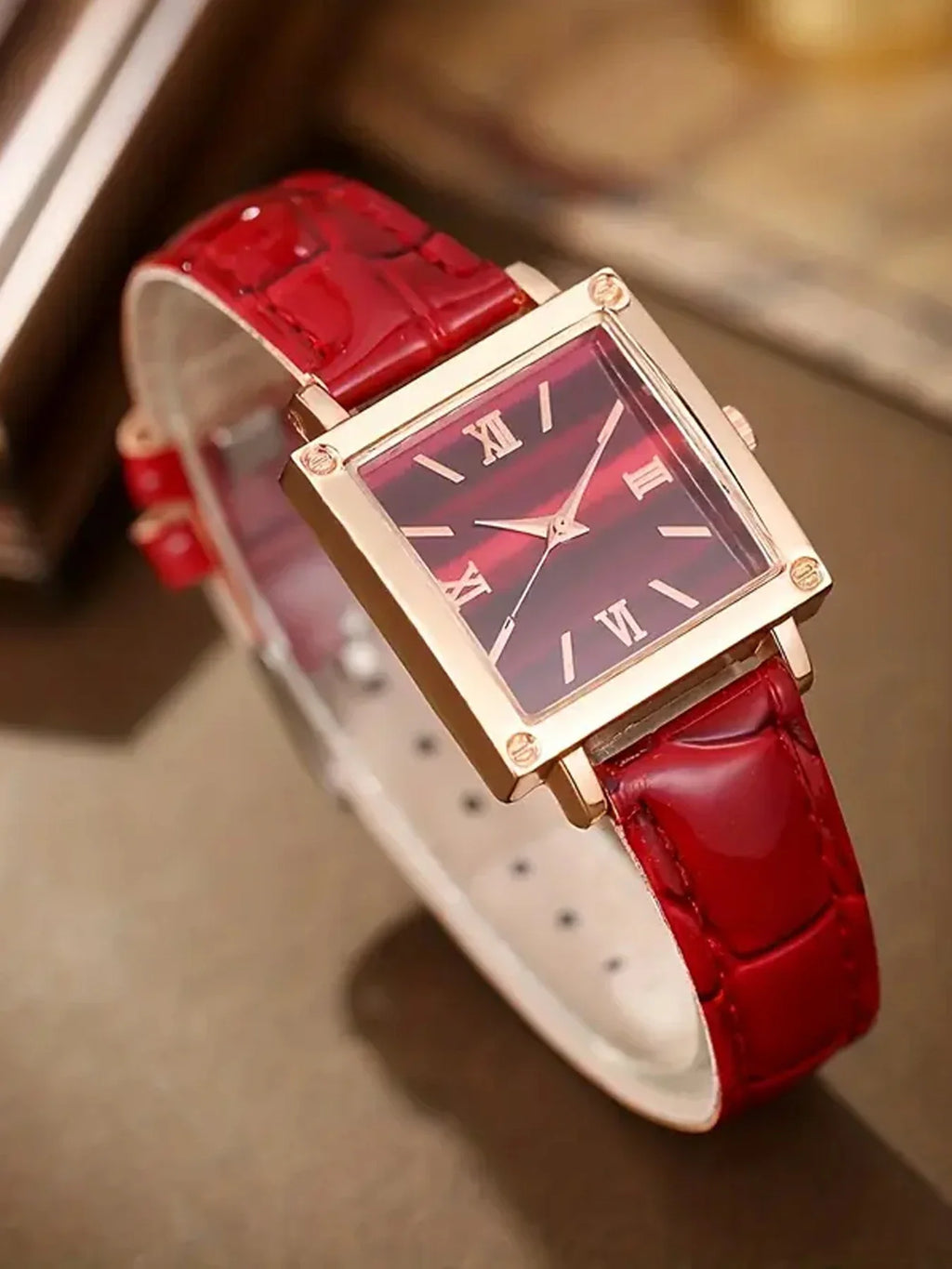 Women's Square Leather Watch Set – Rhinestone 5-Piece Fashion Fashion Watch Set Qme