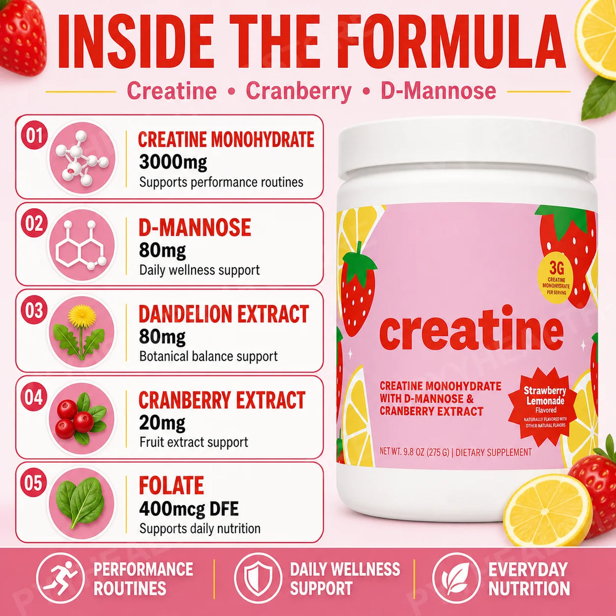 Women's Creatine Powder 275g – Monohydrate, Dandelion & Cranberry Creatine Supplement Qst