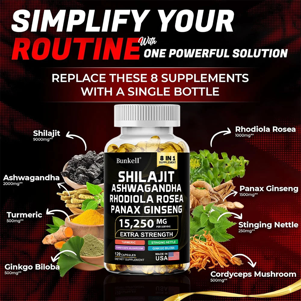 Shilajit 8-in-1 Capsules 15250mg – Ashwagandha Ginseng Turmeric Herbal Supplement Capsules Qst