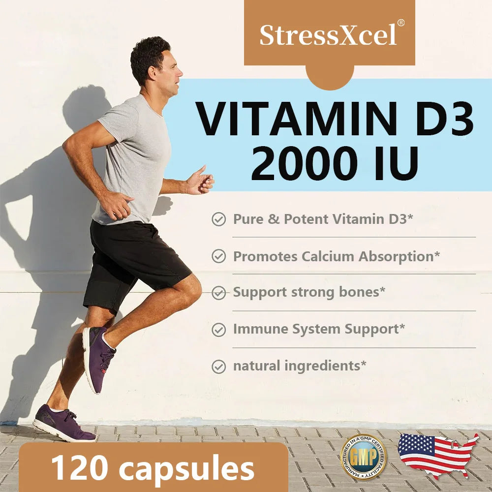 STRESSXCEL 2000 IU Vitamin D3 Capsules – Bone & Immune Support Vitamin Supplement Qst