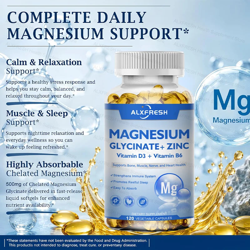 Magnesium Glycinate 500mg with D3, B6 & Zinc | ALXFRESH Magnesium Supplement Qst